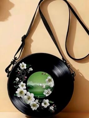 Kohl's Black Round Vinyl Crossbody Bag with Green & White Floral Design